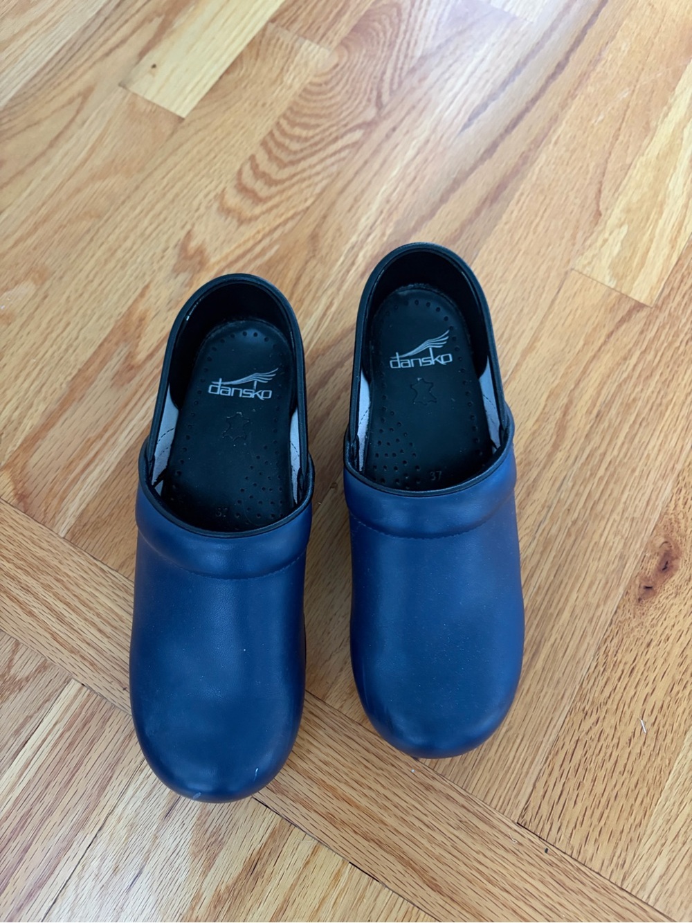 Dansko Navy Leather Slip-On Clogs